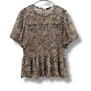 Torrid Smocked Leopard Blouse Women's 2X Short Sleeve Ruffle Hem Casual